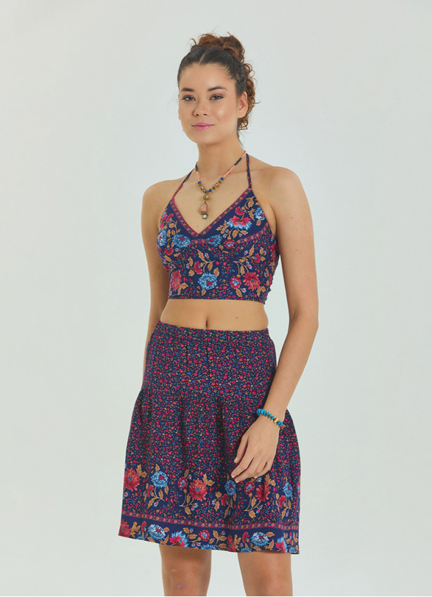 Halter Neck Open Back Pink Floral Crop Blouse 4615